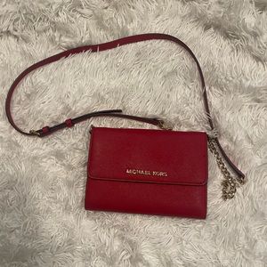 Red Michael Kors Jet Set Leather Crossbody Bag w/ Gold Hardware